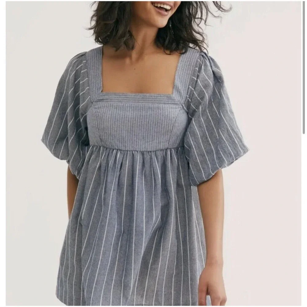 Free People Blue‎ Striped Chambray Women's Gigi Tunic Size S Small